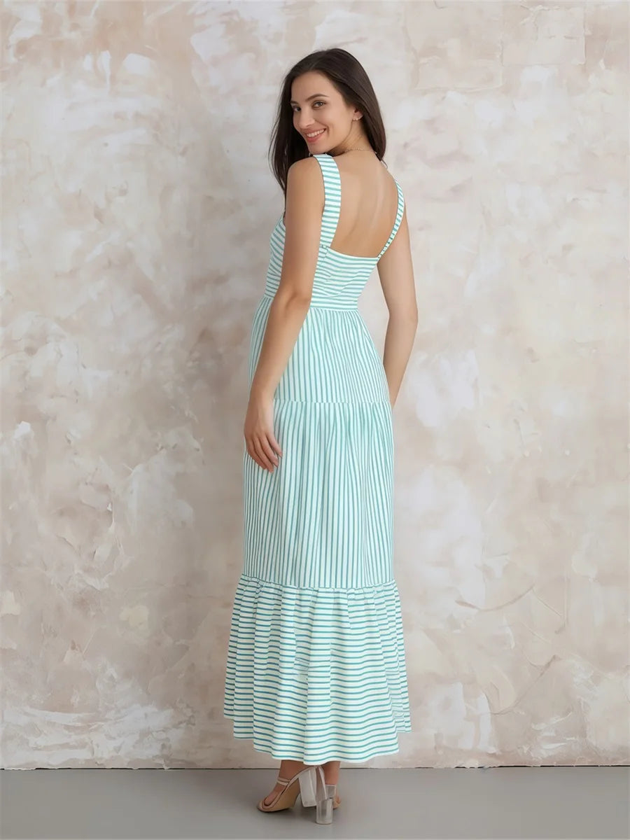Elegant Floral Print Sleeveless stripe Maxi Dress