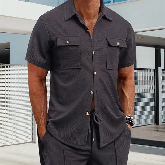 Men s Casual Short Sleeve Button Down Shirt with Turn-down