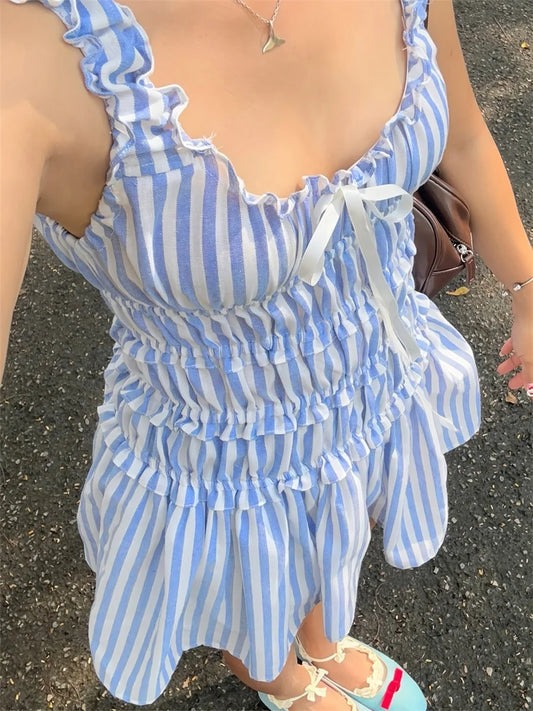 Elegant Striped Sleeveless Dress with Flattering Tie-up Bow Detail and Chic Frill Trim
