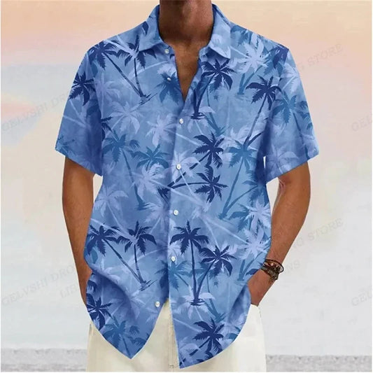Summer Men Hawaiian Shirts Coconut Tree Lapel Camisas