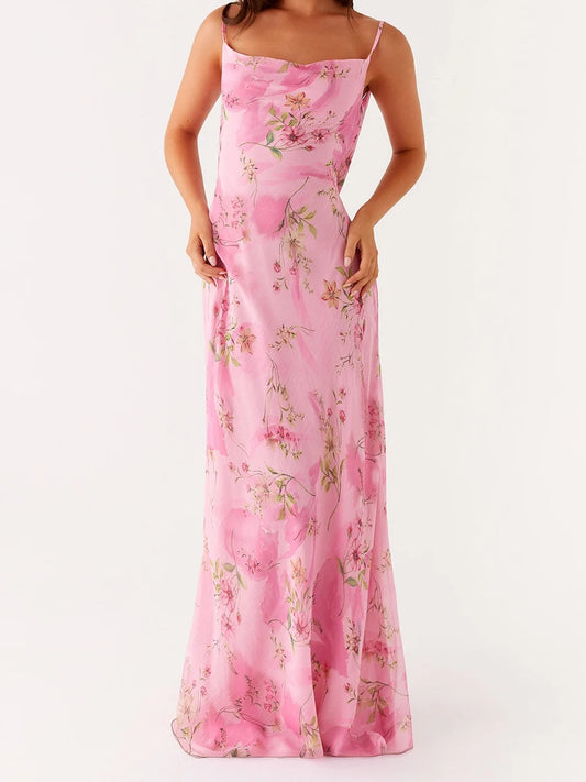 Women's Floral Print Spaghetti Strap Maxi Dress with Sleeveless Open Back