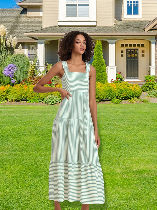 Elegant Floral Print Sleeveless stripe Maxi Dress