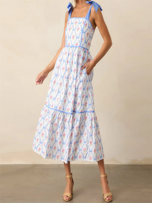 Women's Elegant V-Neck Maxi Dress with Ruffle Sleeves and Belted Waist