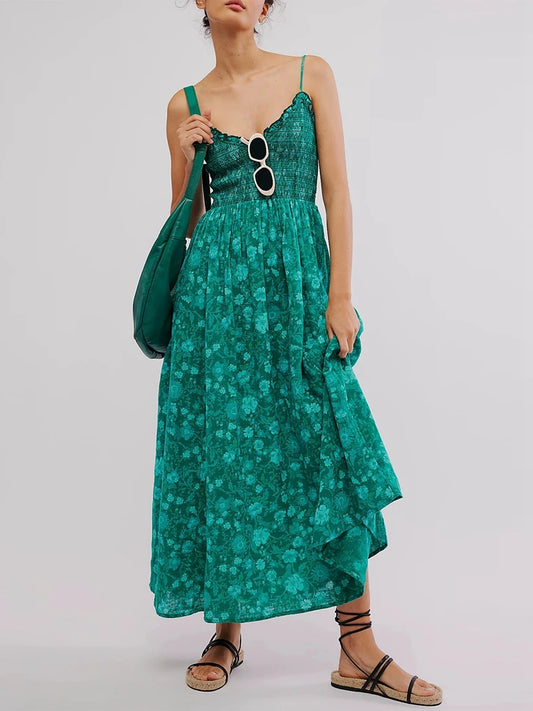 Elegant V-Neck Sleeveless Maxi Dress with Lace Trim Flowy A-Line Evening Gown