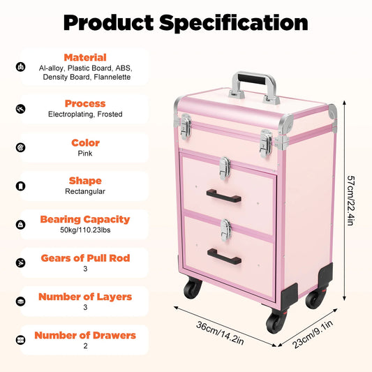 Rolling Makeup Train Case with Drawers