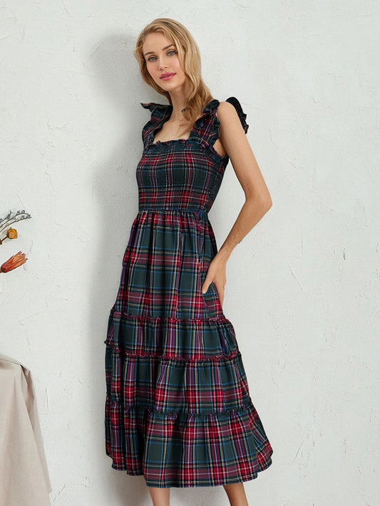 Women's Sleeveless Plaid Print Ruffled A-Line Dress with Floral Embroidery