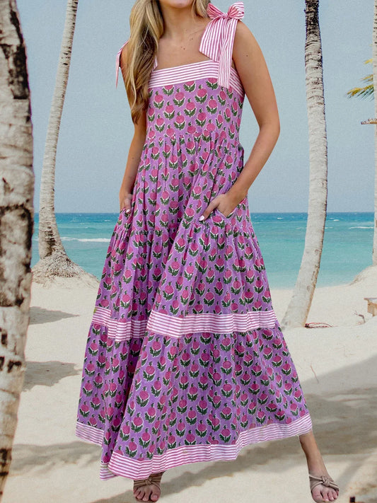 Elegant Maxi Dress with Boho Floral Print and Adjustable Tie-Up Straps Sleeveless